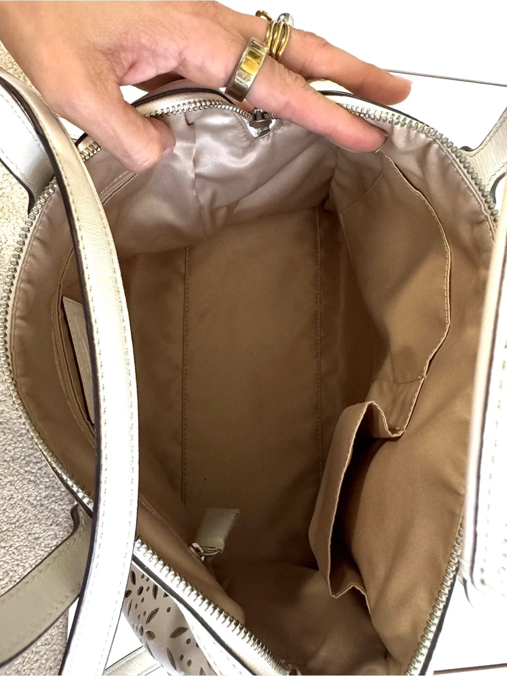 Coach White Laser-Cut Floral Satchel with Silver Hardware